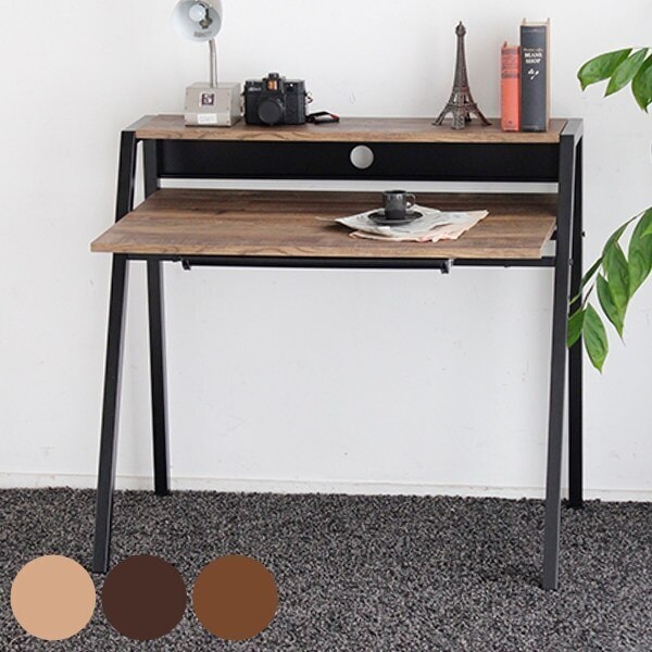 デスク 幅96cm ラック付き スチール脚 木目調 コード穴 引き出し ヴィンテージ調 机