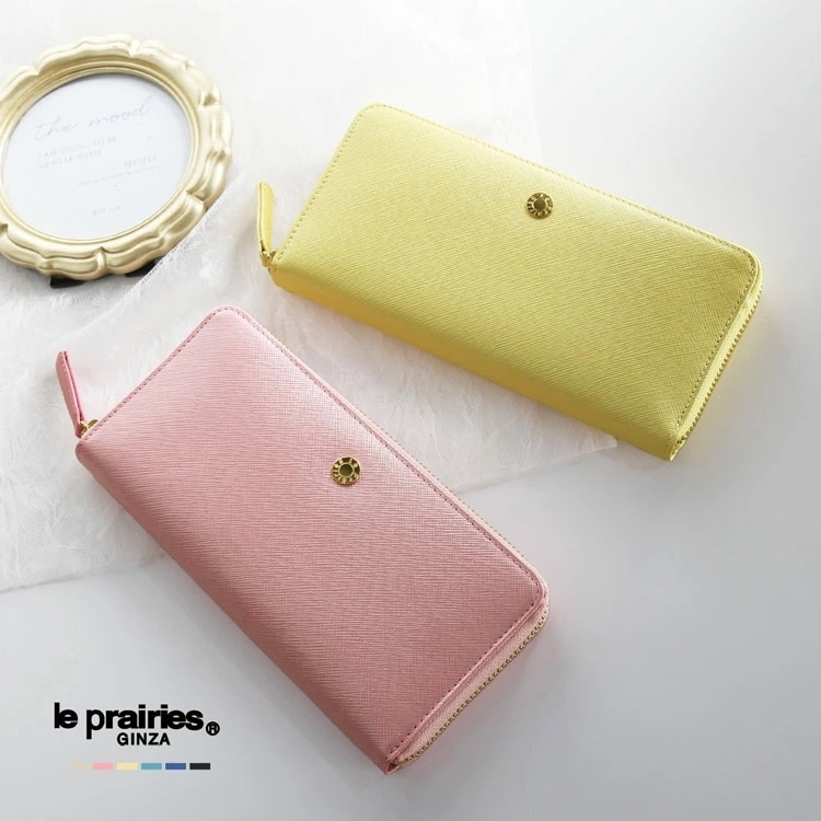 le prairies 牛革 ラウンド長財布 財布 お財布 サイフ 長財布 ベージュ 淡い 淡色 パステルカラー イエロー ピンク 大容量 レディース 小銭入れ付き 収納 カード収納 かわいい おしゃ