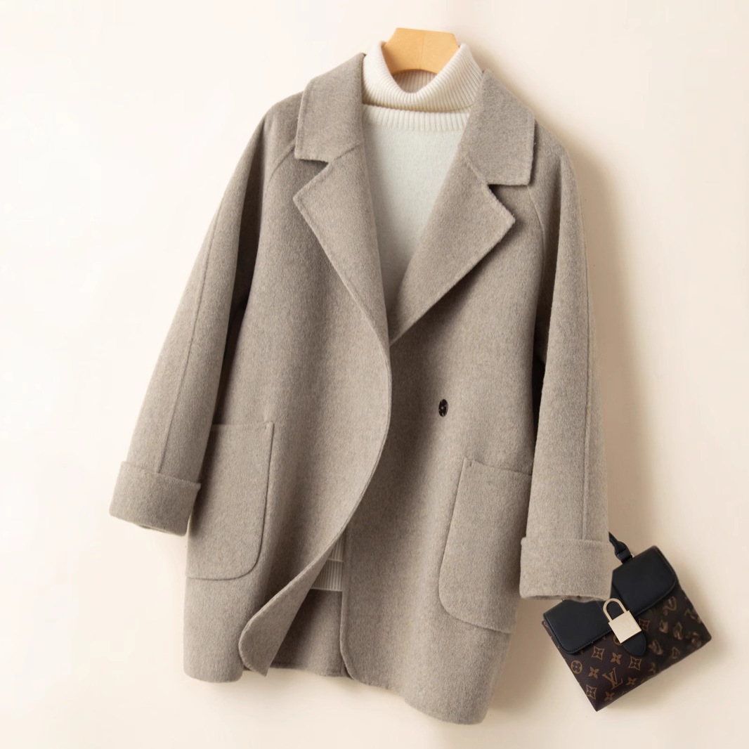 2025新作両面カシミヤコートレディースミドル丈リトルヘボン風ピュアウールジャケット