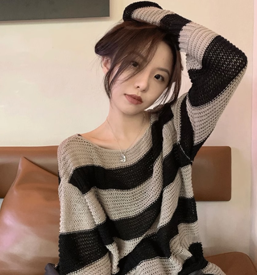 トップス デート モテアイテム ニットソー 長袖 シースルー ボーダー柄 ウール 大人可愛い きれいめ 上品 おしゃれ かっこいい 大人可愛い ラブリー キュート ガーリー クール モード系 セクシー