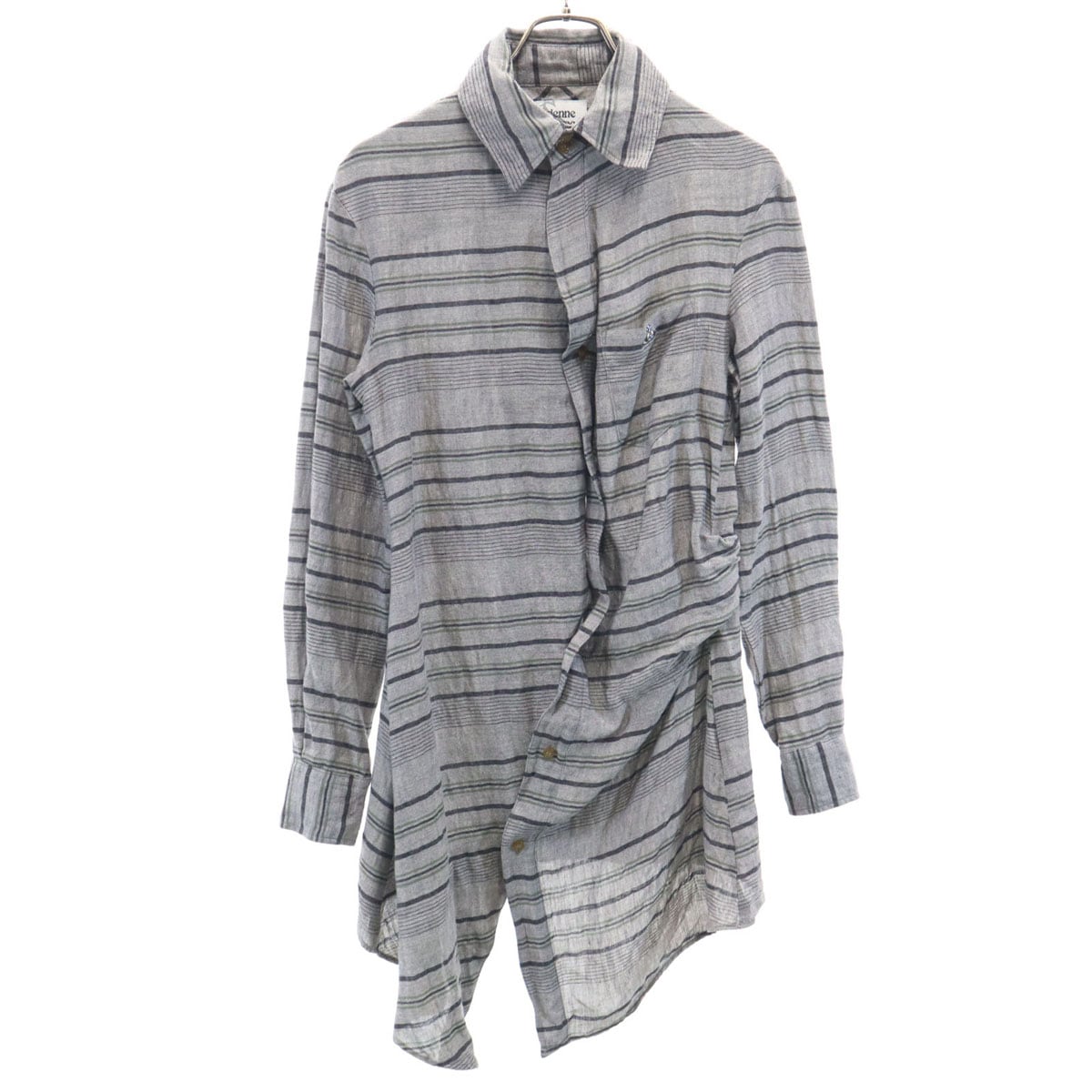 Vivienne WestwoodMAN ヴィヴィアンウエストウッドマン 日本製 オーブ ボーダー柄 長袖 ロングシャツ 44 グレー リネンシャツ メンズ 古着