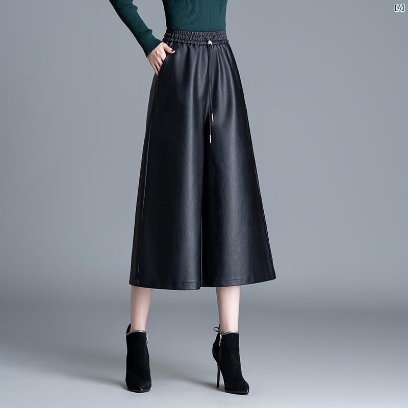 ワイド レッグ パンツ レディースパンツ クロップドパンツ 秋冬 ハイウエストたり レザーパンツ 韓国 カジュアル ストレート