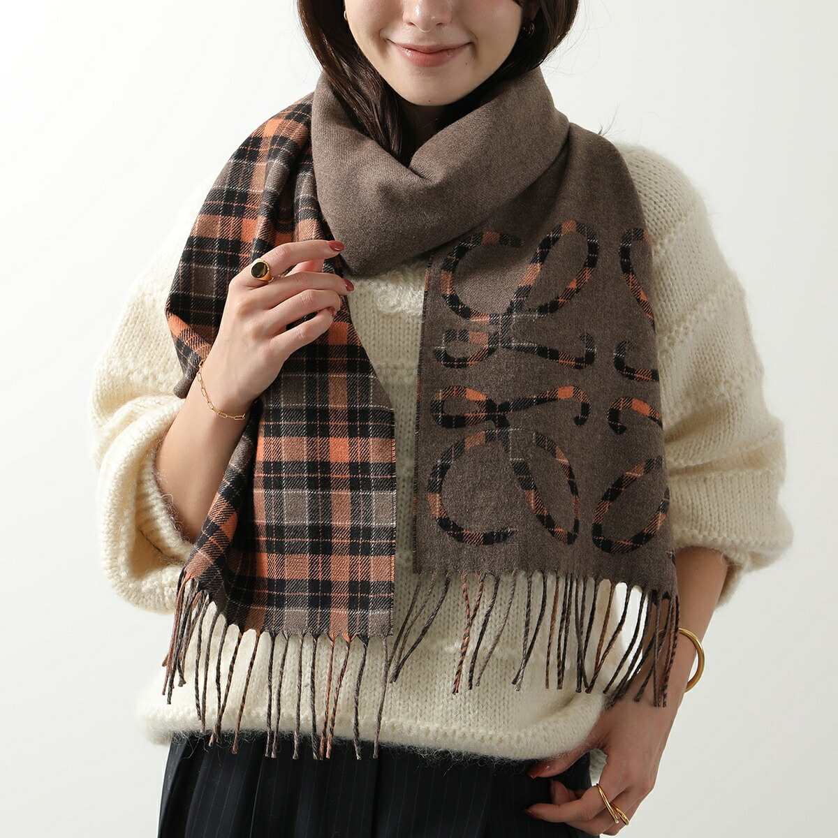 LOEWE ロエベ マフラー FSA4SS1W01 レディース シルク カシミヤ ストール アナグラム ロゴ フリンジ チェック柄 3428/BROWN/MU FSA4SS1W013428