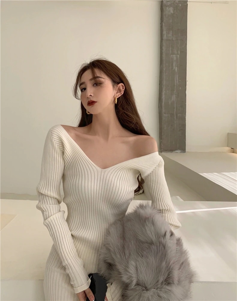韓国デザインオフショルダーセクシーニットワンピース