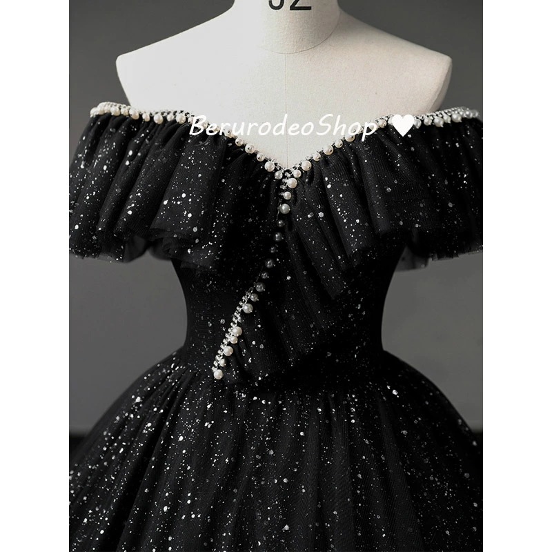 イブニングドレス 黒 オフショルダー 発表会ドレス 演奏会ドレス ブラック ロングドレス オフショルダー ラインストーン パール オシャレ 高級感 パーティードレス 結婚式ドレス 二次会ドレス Aライ