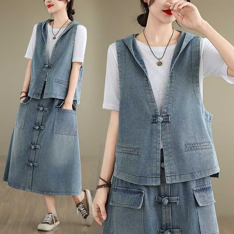 「ファットガール」 2024夏新品 デニムセットアップ ベスト＋デニムスカート 中華風 上下セット 大きいサイズ 体型カバー レディース チャイナ風 セットアップ メガ割30%までに制限 6,087円