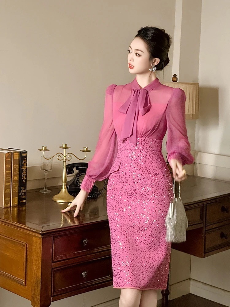 2024春 蝶結び ワンピース シフォン ドッキング キラキラ パーティードレス キャバ 着痩せ 大人 お呼ばれ 同窓会 披露宴 卒業式 結婚式 ウェディング 二次会 成人式30%までに制限 6,237円