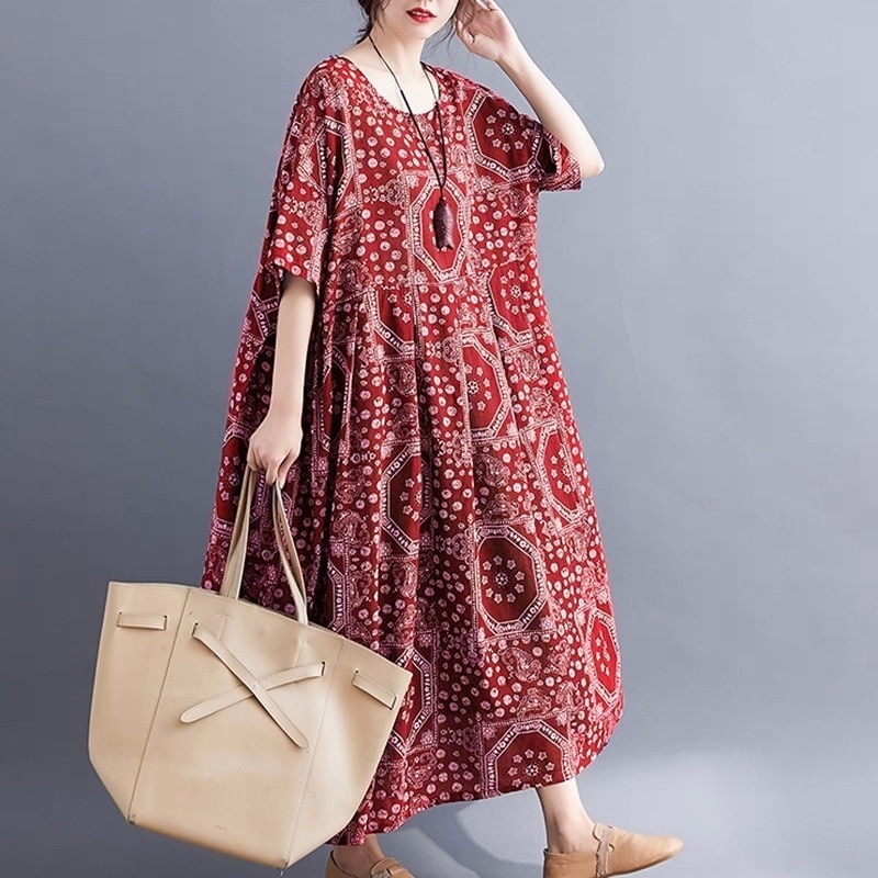 レディース ワンピース フレア ロング マキシ 5分袖 Uネック ラウンドネック Aライン フェミニン ストリート かわいい 大人可愛い シンプル カジュアル おしゃれ レトロ アジアン エスニック