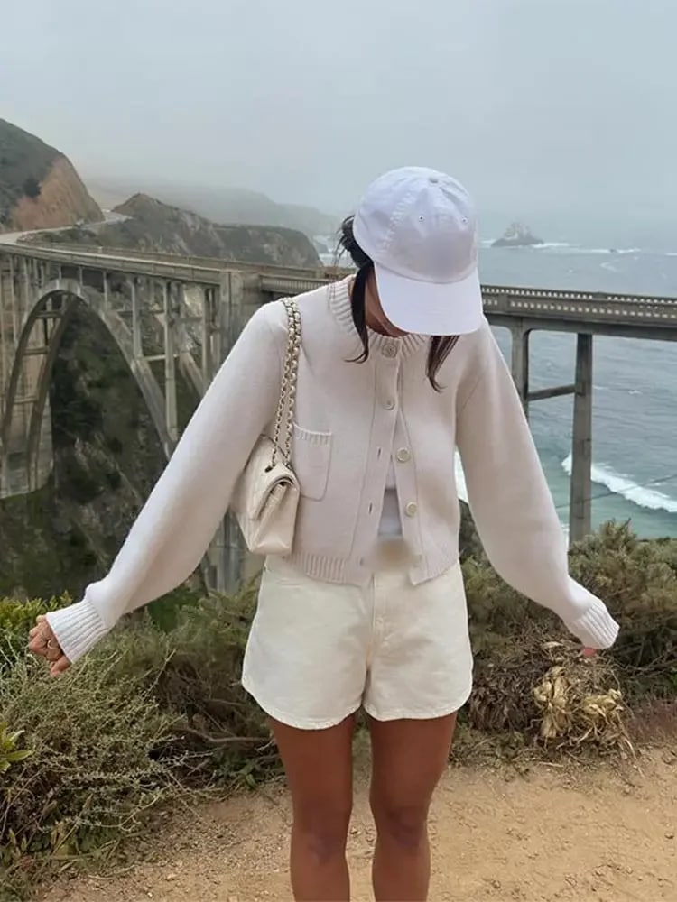 女性用長袖ニットカーディガン,シンプルなブレストのコート,Vネック,カジュアルなクロップトップ,シンプルなカンミュートセーター,女性用,新しいポケット - 200000345