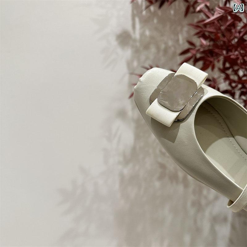 【激安】靴 レディース パンプス ローヒール 低め おしゃれ スクエアトゥ メタル バックル リボン リボン バレエ シューズ 革 フラットソール ストラップ シューズ