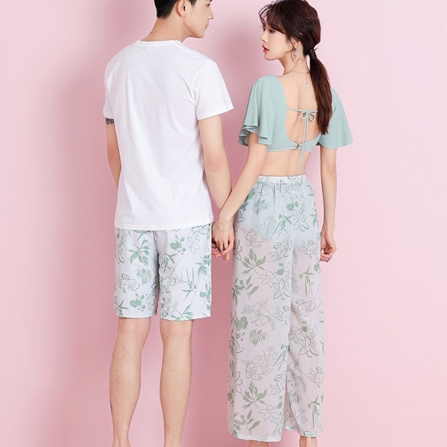 水着 カップル水着 3点セット ペアルック メンズ レディース フリル フラワー柄 花柄 グリーン