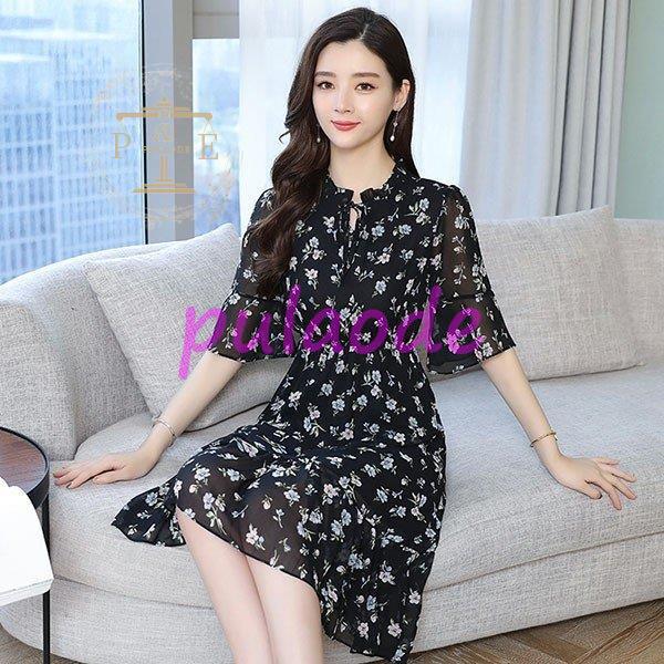 ワンピース レディース 40代 きれいめ 夏 膝丈ワンピース フレア 半袖 花柄ワンピース シフォン ハイウエスト ドレス 韓国風 オシャレ 通勤 大人 上品 着痩せ 4,865円