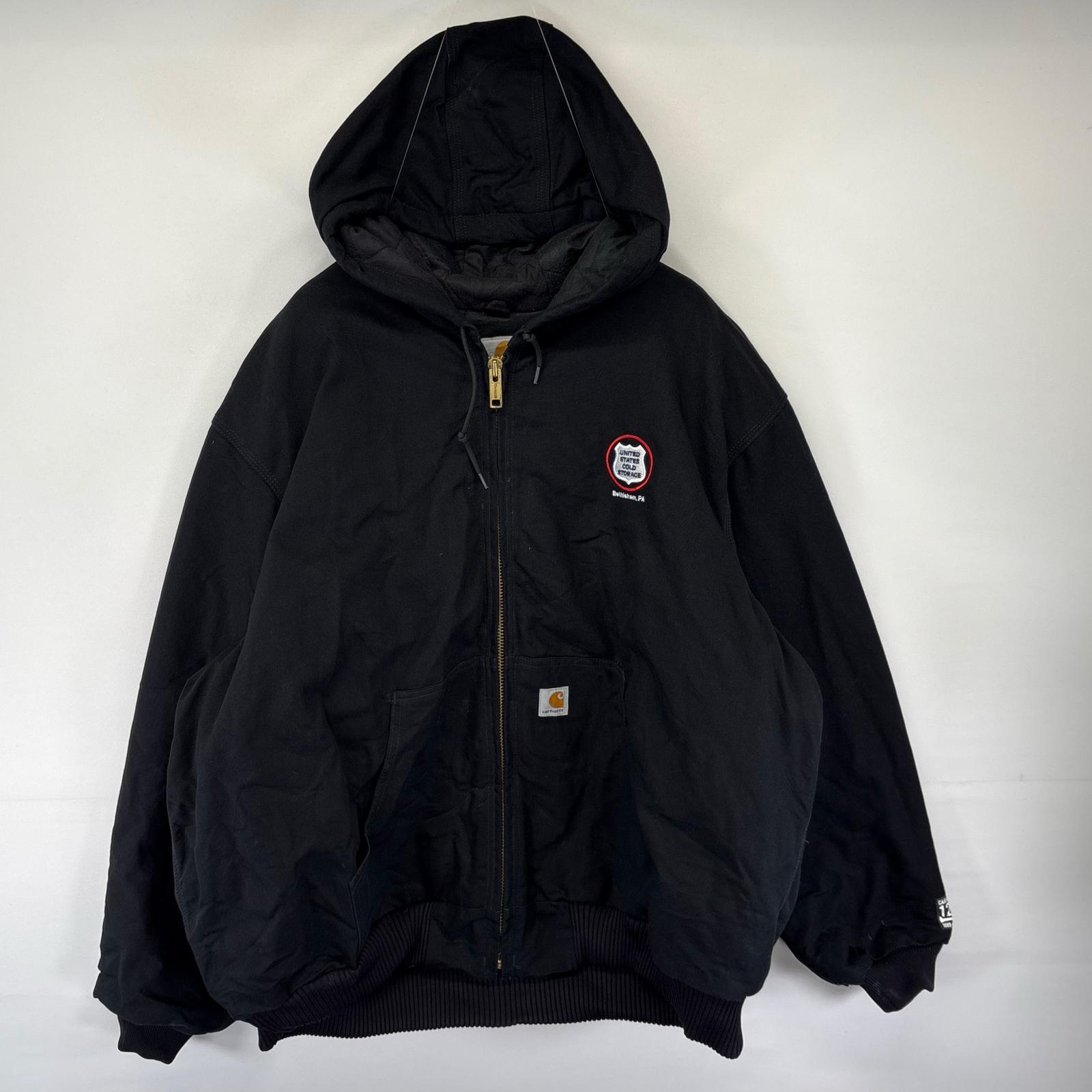 古着 USA製 ダック ジャケット 中綿 アクティブジャケット フルジップ ワンポイントロゴ 3XL ブラック系 メンズ