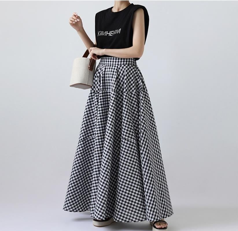 春夏レディースチェック柄大振りAラインスカート ハイウエストスカート ロングスカート