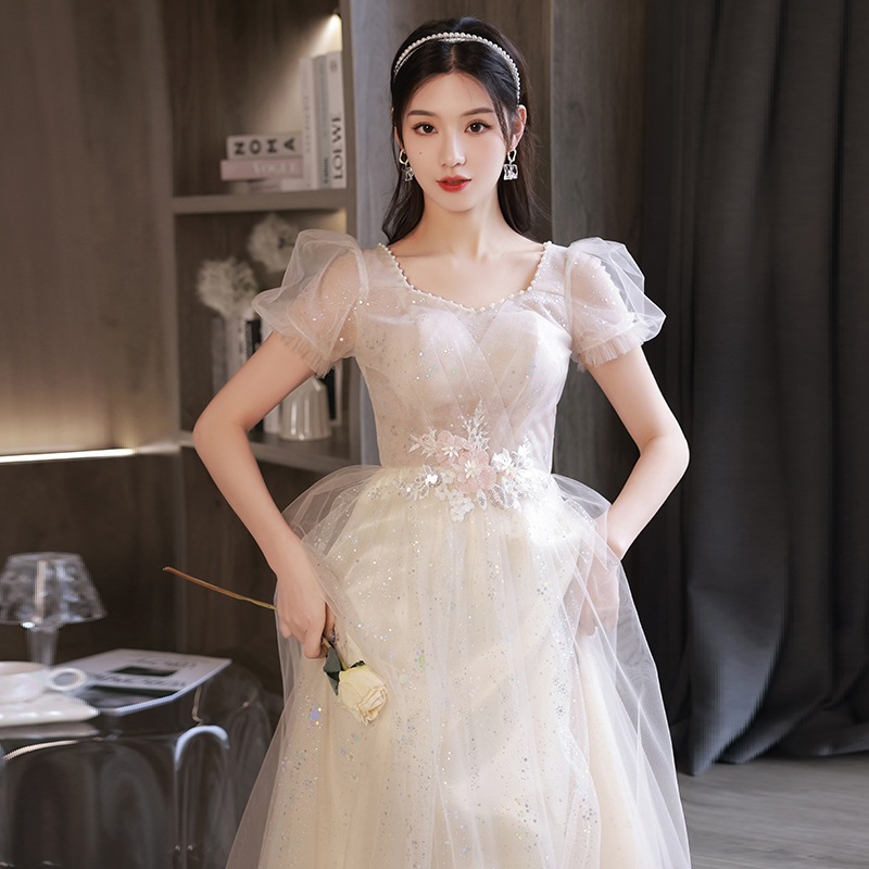 結婚式 パーティードレス 発表会ドレス シャンパンカラーの小さなイブニングドレス春の新作エレガントな質感のロングドレス