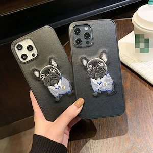 ミニマムな刺繍がかわいいブルドッグの子犬のiPhone131411スマホケース