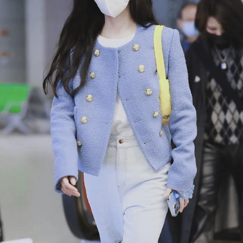 ツイードジャケット ツイード ジャケット アウター 高見え 水色 青 ブルー ツイードジャケット青 ノーカラージャケット ノーカラー 高見えジャケット オルチャン 韓国 レディース ポケット