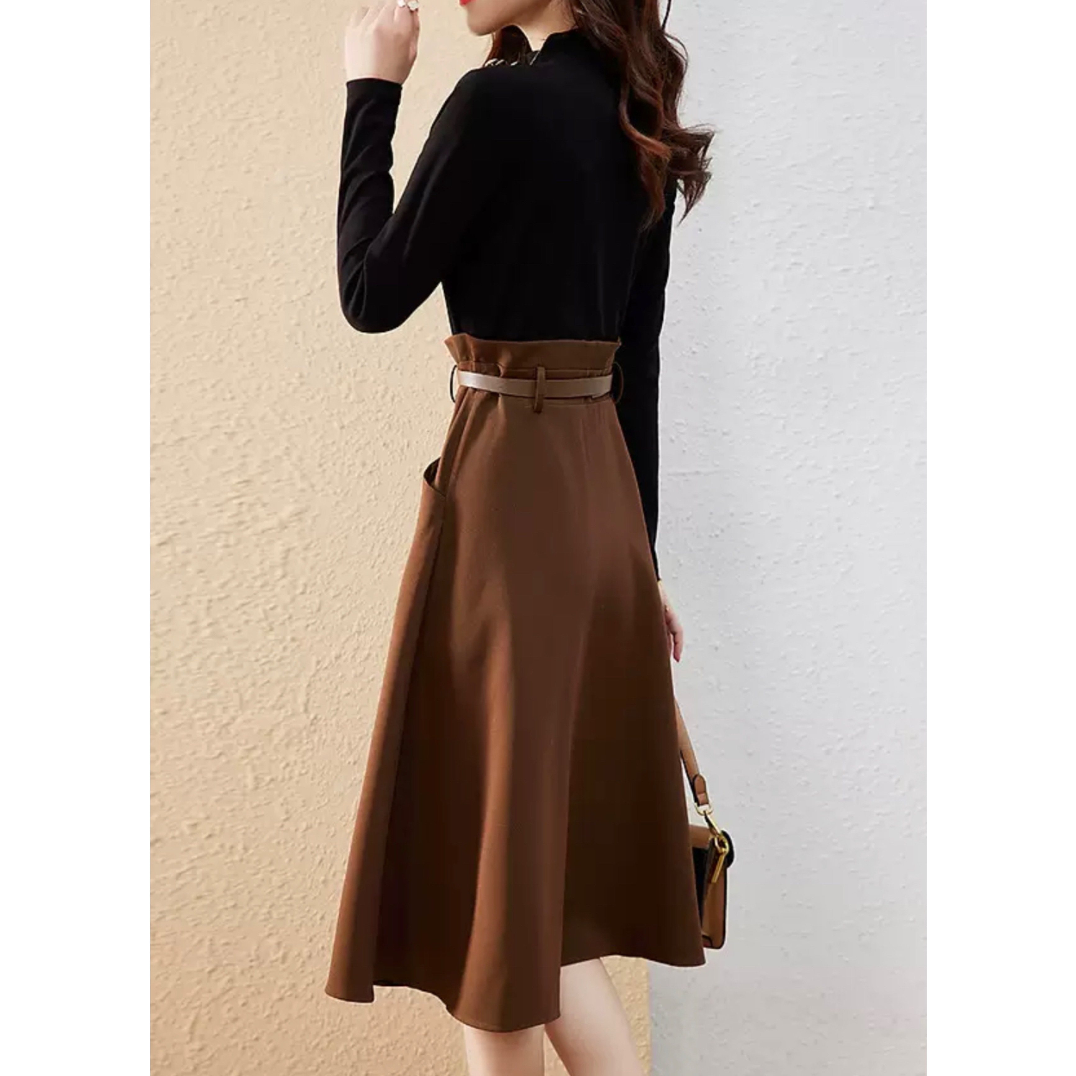 2点セット セットアップ ボトルネック トップス タックスカート スカート カットソー フレアスカート 膝下 ミモレ ミモレ丈 袖あり 長袖 タートルネック 襟なし スリム タイト 細身 Aライン