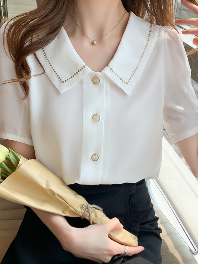 シャツ ブラウス カットソー レディース 半袖 ライン 襟付き 上品 ガーリー かわいい 大人可愛い きれいめ シンプル カジュアル 無地 春 夏 学生 デート イベント ホワイト トップス