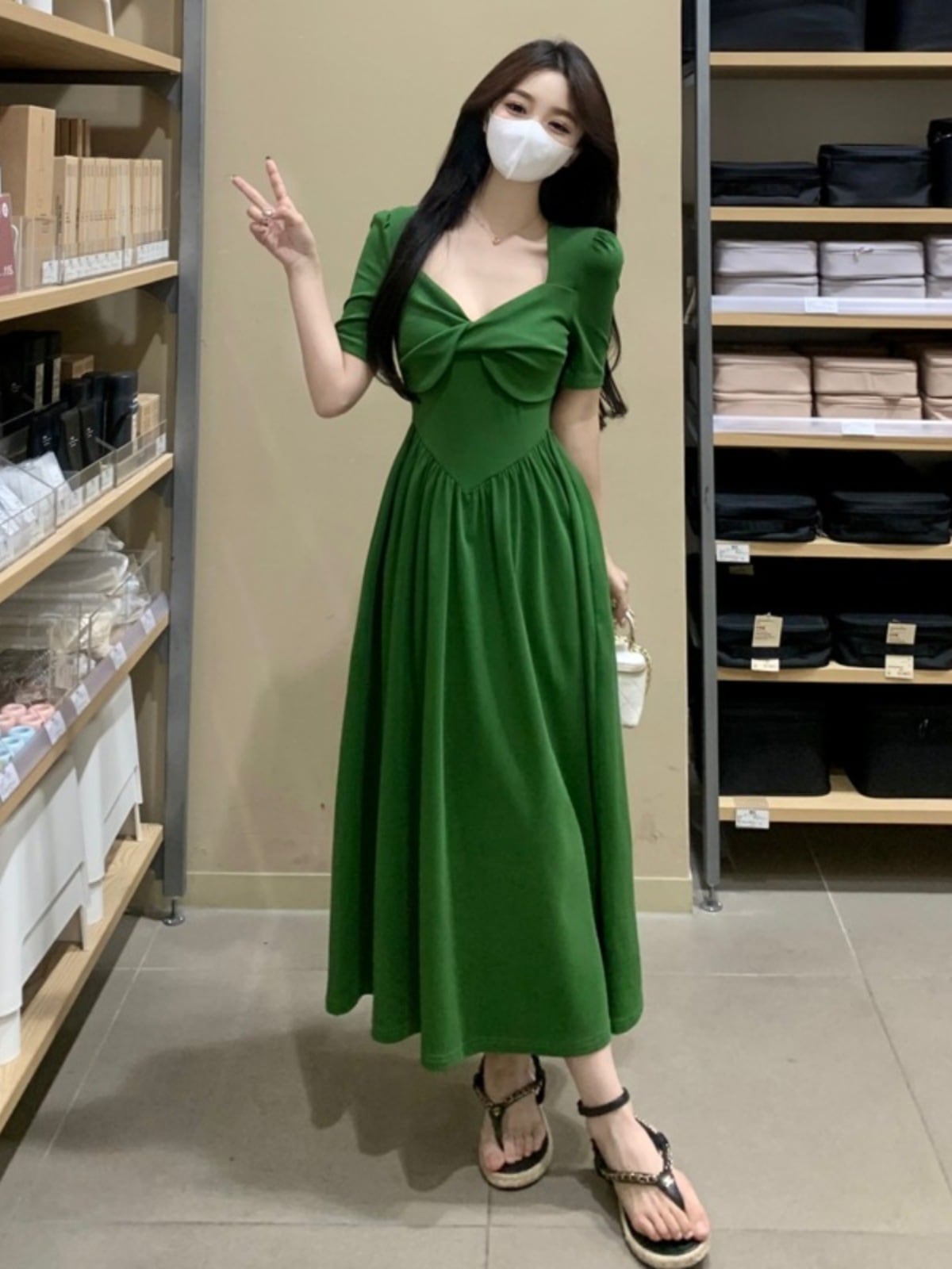 売れ 夏の女性のための緑のレトロな気質のスクエアネック半袖ドレスプラスサイズの太さmmウエストを細くしお腹をカバーするaラインスカート