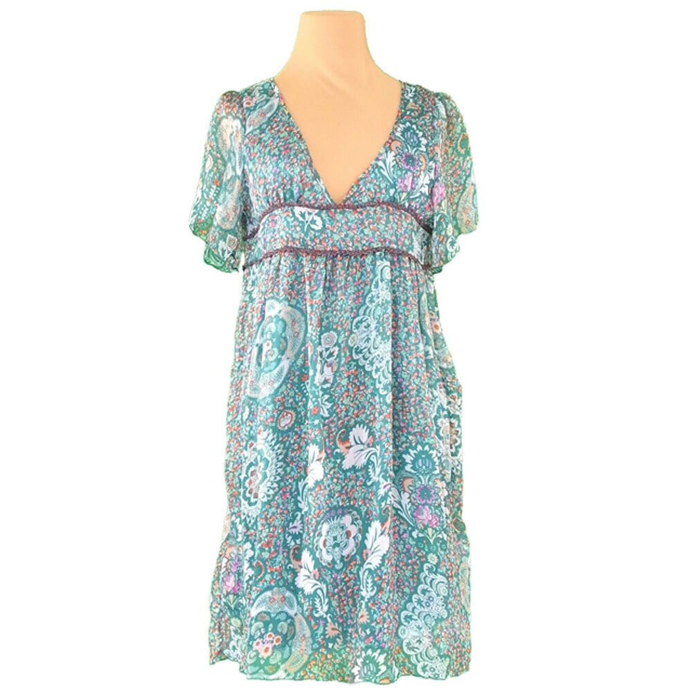 ワンピース シフォン Vネック フラワープリント Mサイズ グリーン オレンジ系 中古
