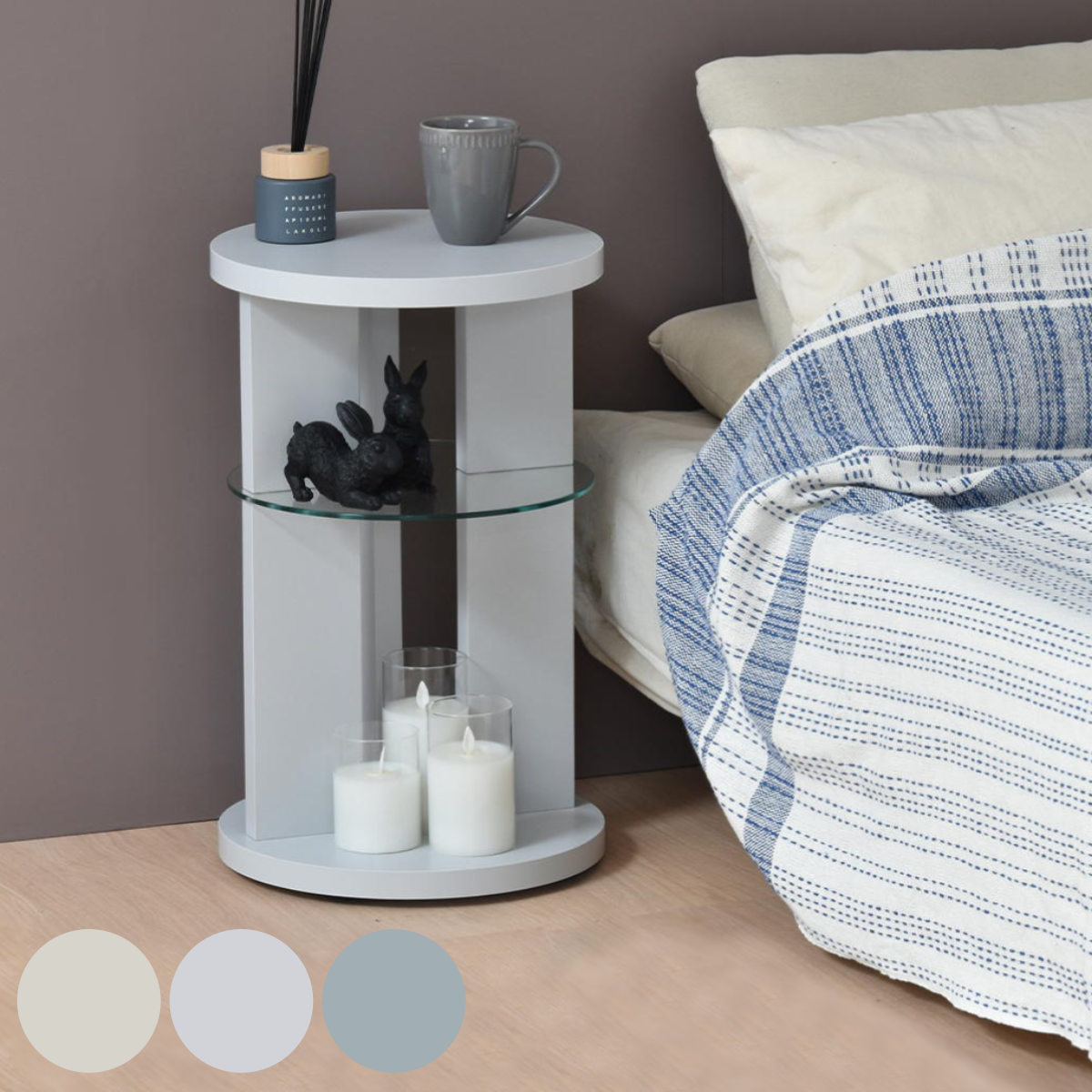 サイドテーブル 円型 ガラス棚板 ラウンド Noko ソファサイドテーブル キャスター付き 回転 360度 棚付き テーブル ソファサイド ベッドサイド 収納 直径34cm ソファテーブル