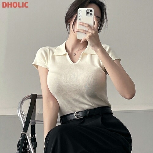 ストレッチリブVネックフレンチスリーブスリムニット