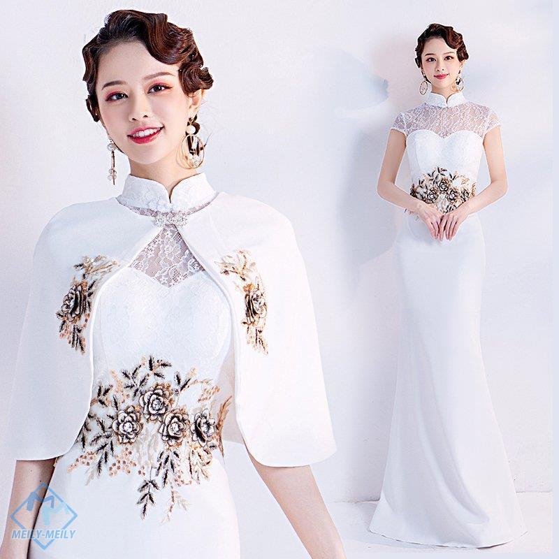 チャイナドレス ロング 安い 半袖 2点セット ショール 白 ホワイト 花嫁 結婚式 カラードレス