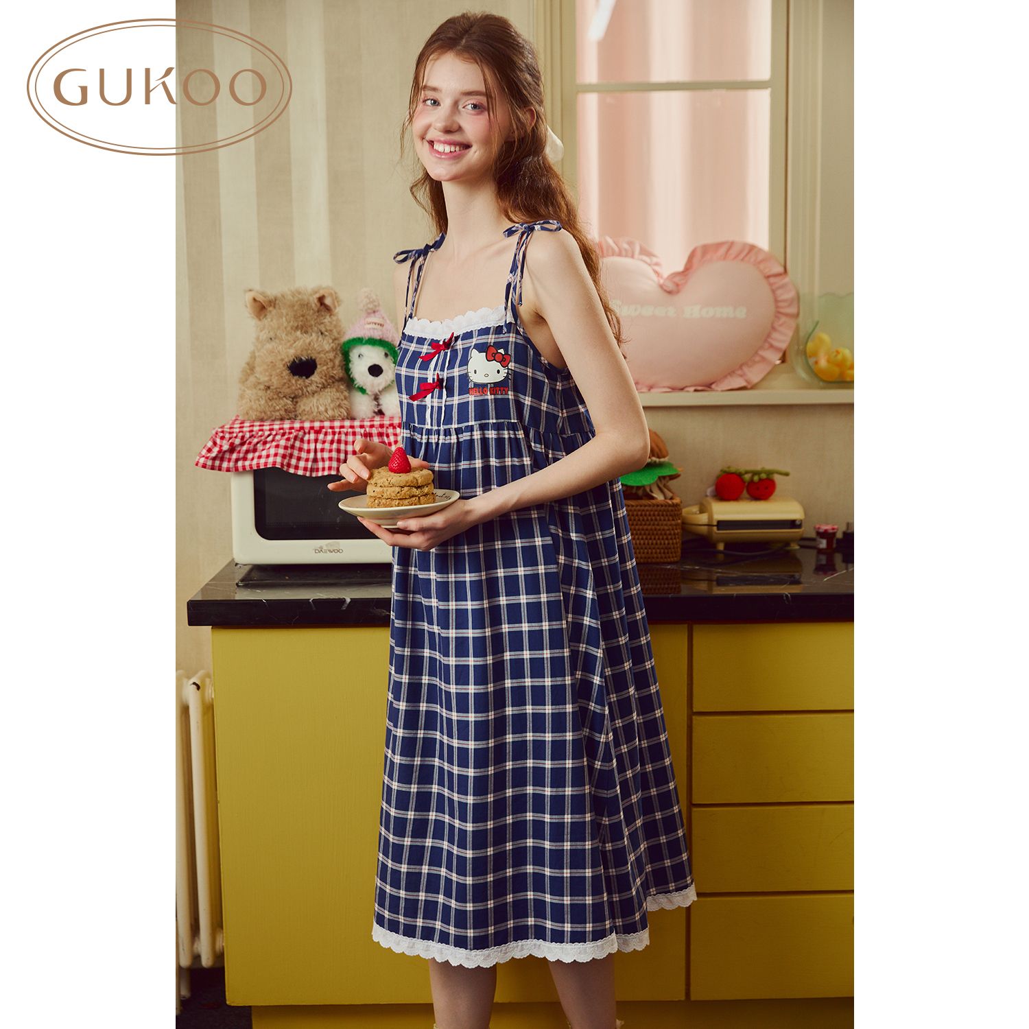 Gukoo/果殻ハローキティパジャマ女性夏25新型ストラップ寝スカート純綿格子甘い外着