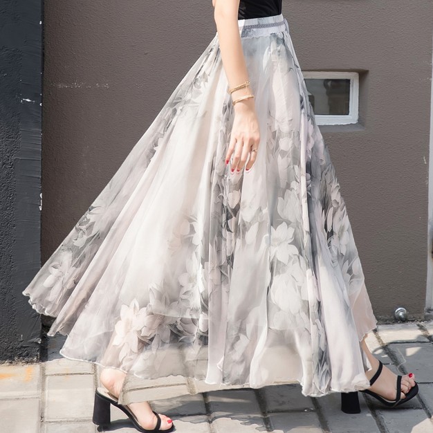 【チャーミング】 6色 スウィート フラワー プリント シフォン ハイウエスト ロング スカート