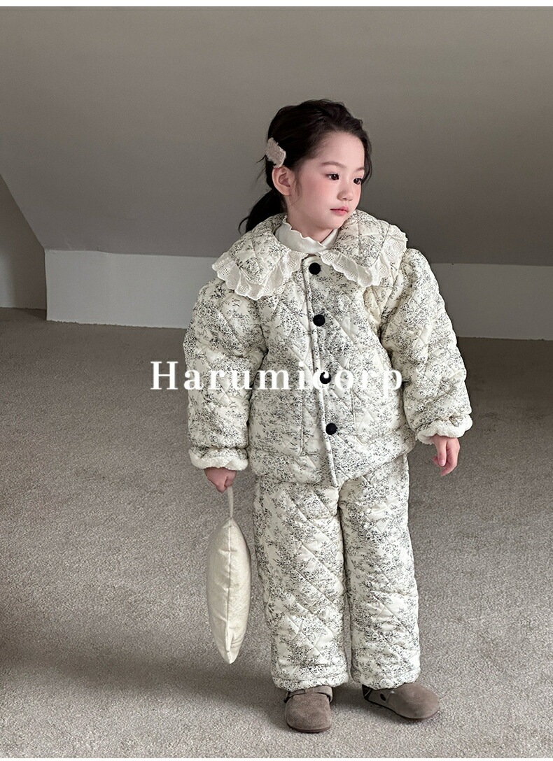 【即納】パジャマ キッズ 長袖 子供服 セットアップ キッズ 子供パジャマ 花柄女子中綿 厚手 90cm～130cm ベビー服 ルームウェア 上下セット 前開き ボタン 部屋着 トップス ロングパンツ