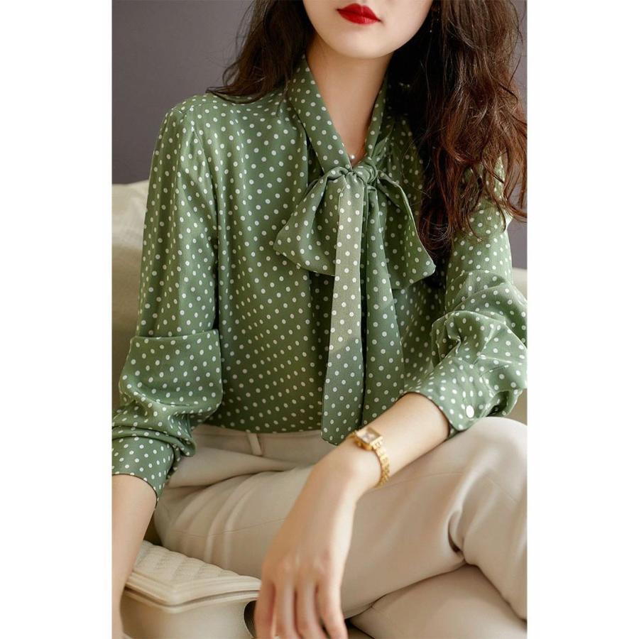 夏新作ブラウス レディース 40代 春秋 春服 ボウタイブラウス シャツブラウス 白 シフォン 水玉 長袖 きれいめ トップス リボン 大人 通勤 きれいめ お