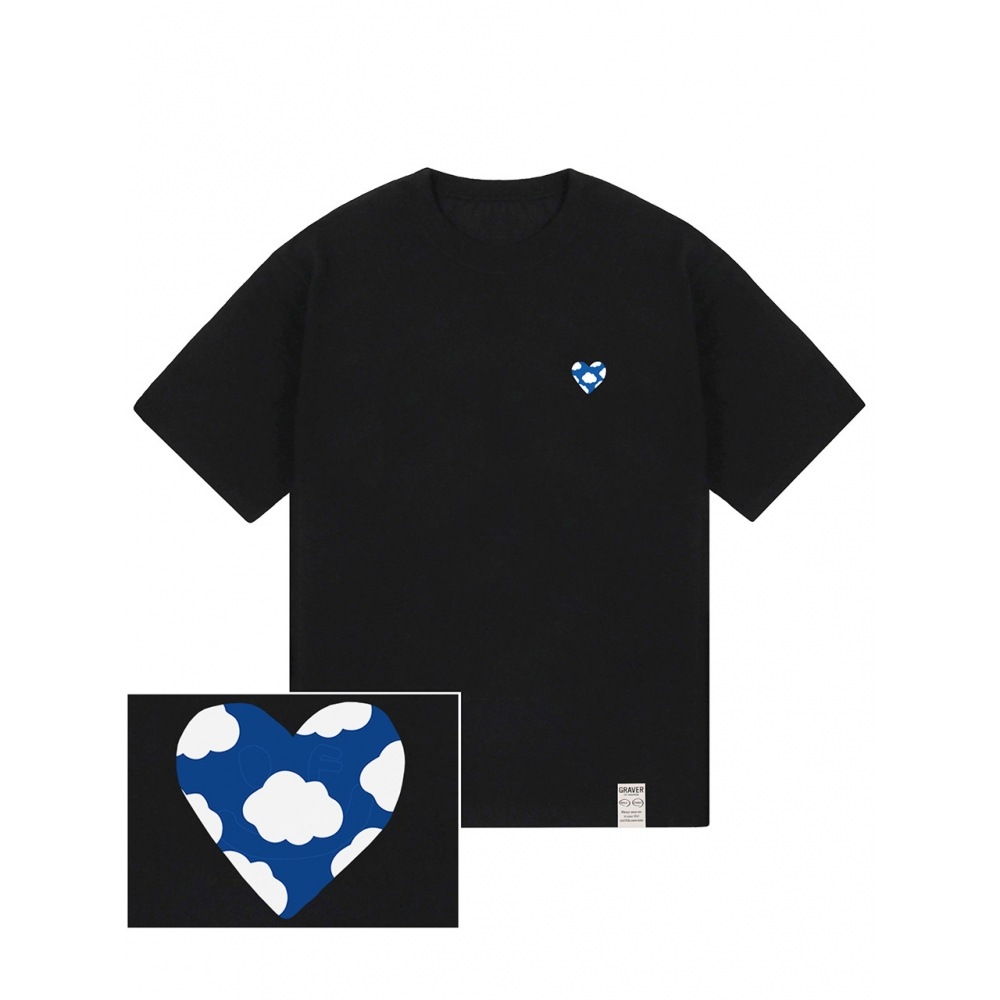 グレイバーブルーハートクラウドスマイルショートスリーブ T シャツブラック