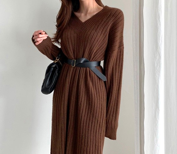 スカートロングスカートS ベージュ 長袖 L レディース 体型カバー 通勤 オフィス M 春物 LL 春 Vネック コーヒー きれいめ お呼ばれ ニットワンピ ワンピース