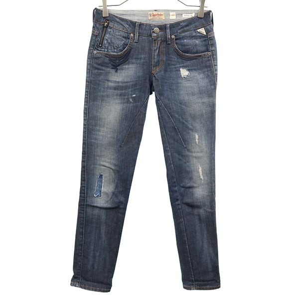 ワンポイントロゴ刺繍 ダメージ加工 スキニーデニムパンツ W25 ブルー ジーパン レディース