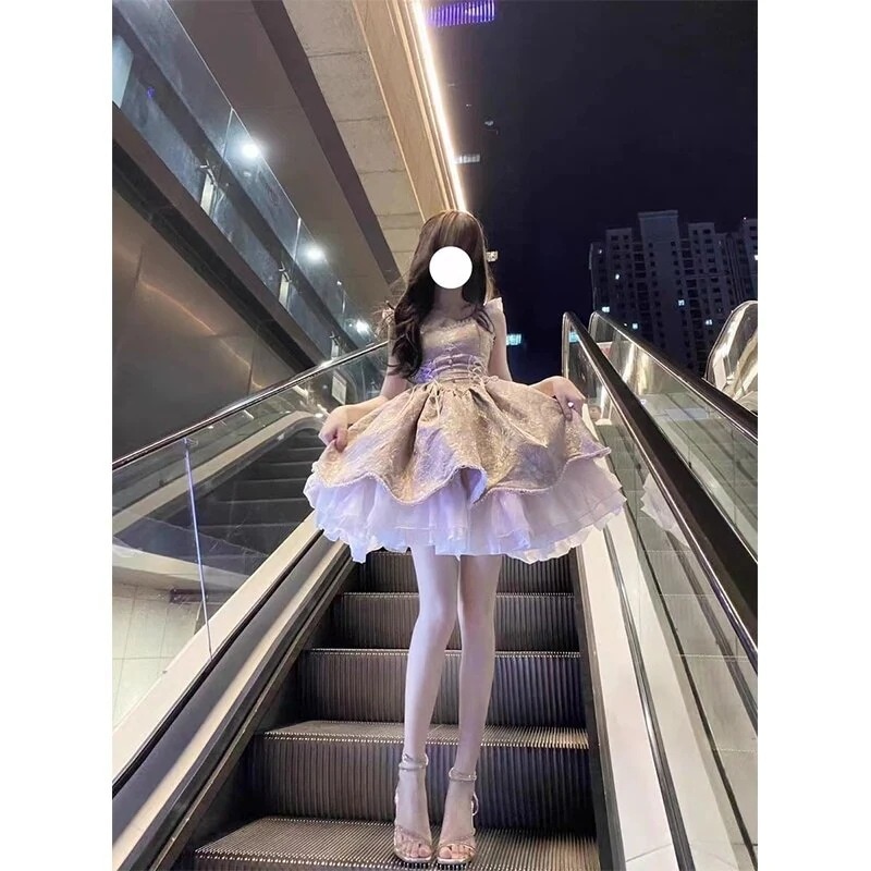 ピンクとパープルの小さなフライングスリーブジャガードロリータドレスjskドレスロリータプリンセスドレスよく
