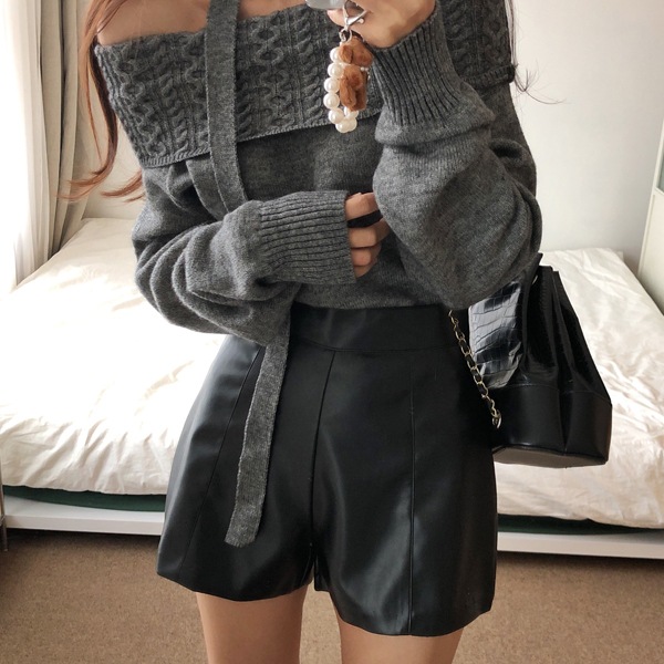 韓国ファッション 切開 シンプル ハイウエスト レザー ショートパンツ パンツ