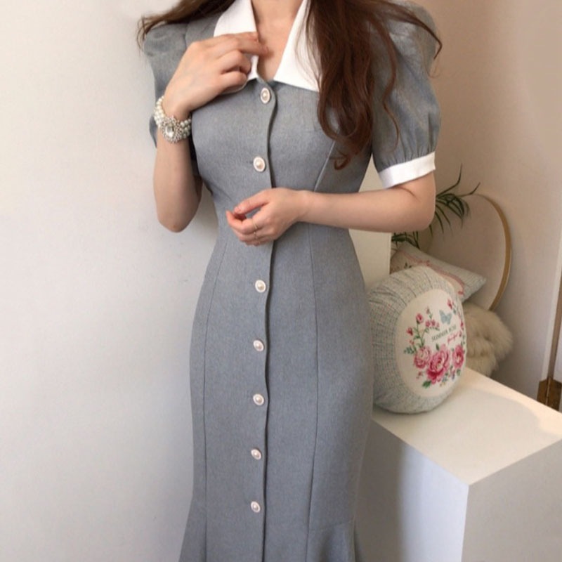 ワンピース フレアワンピース ロング ロング丈 袖あり 半袖 ボリューム袖 パフスリーブ Vネック 襟付き スリム タイト 細身 マーメイド 前開き かわいい 大人可愛い きれいめ 大人 上品