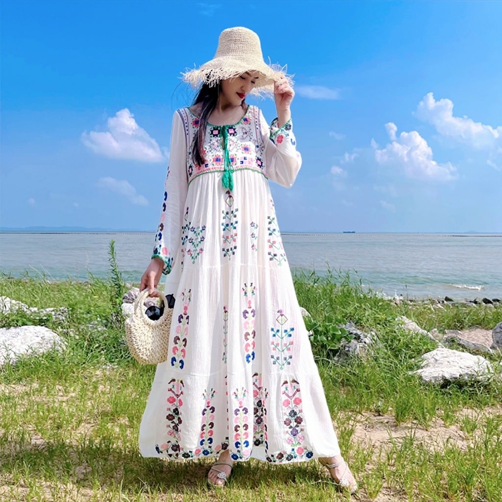 ワンピース レディース ロングワンピース S M L XL 韓国 ロングスリーブ 3カラー ホワイト ブラック パープル エキゾチック ボヘミアン リゾート 海 休日 お出かけ 旅行 大人可愛い 大人