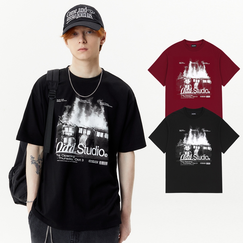 [ステッカーセット贈呈]バーニングハウス グラフィック オーバーフィット Tシャツ - 2カラー