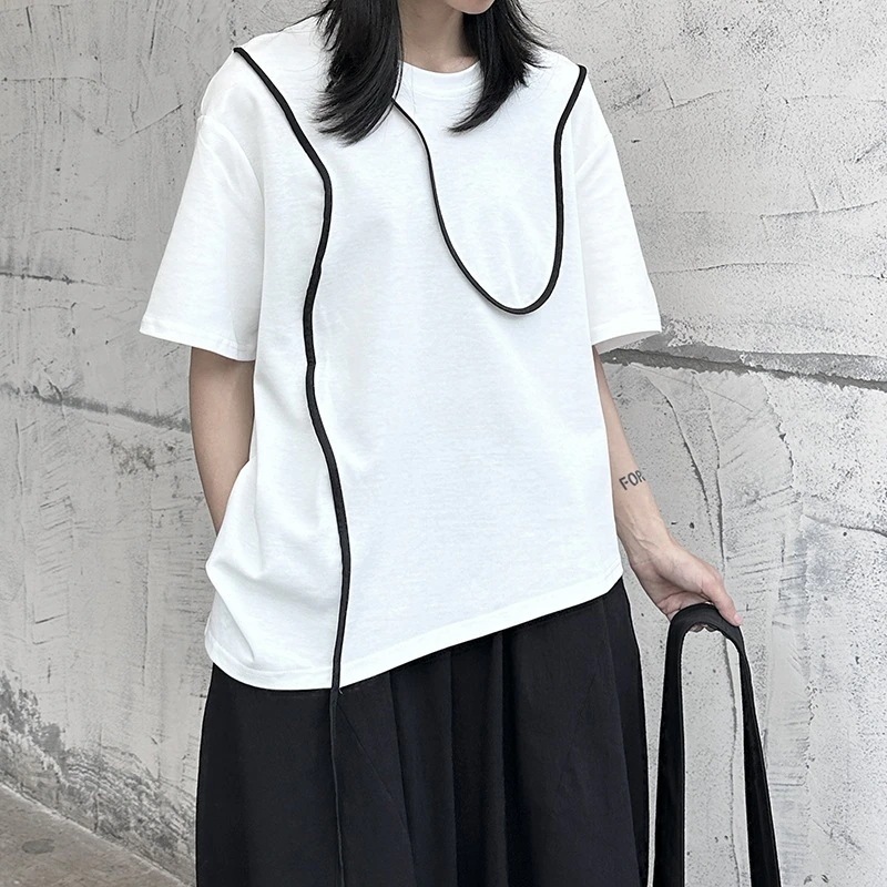 個性的冷淡風不規則なゆるい丸首tシャツ新しいファッションins気質デザイン感百掛け半袖ティーシャツ30%制限