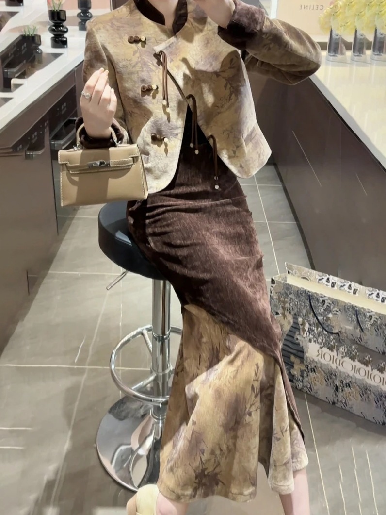 二点セット メイラードの気質とのハイエンドの新しい中国スタイルのジャケットとスカート2ピーススーツ