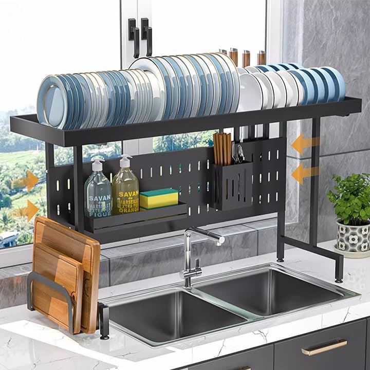 水切りラック 食器 水切りかご 食器乾燥 収納 省スペース 調整可能 ブラック(80CM以下シンク対応)