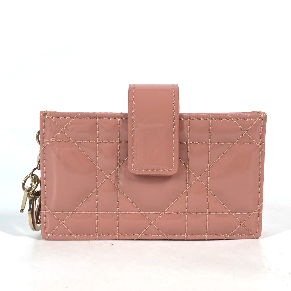 カードケース レディディオール カナージュ ロゴチャーム 名刺入れ パスケース アコーディオン エナメル パテントレザー ピンク