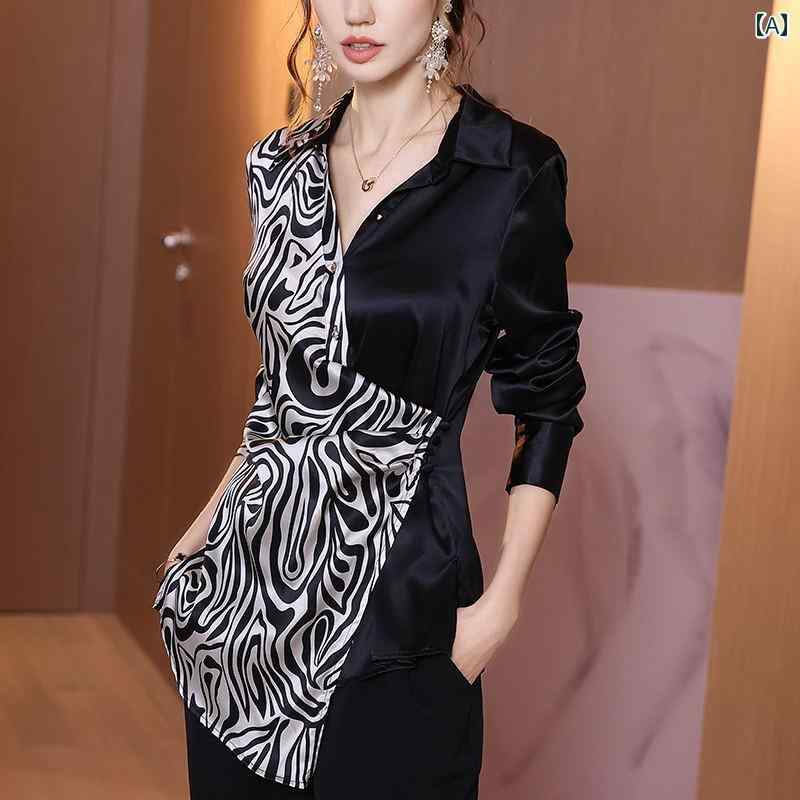 レディース シャツ ブラウス トップス 長袖 マルベリー シャツ襟 ゼブラ柄 モノクローム アーバン おしゃれ スタイリッシュ クール オフィス ビジネス 外出着