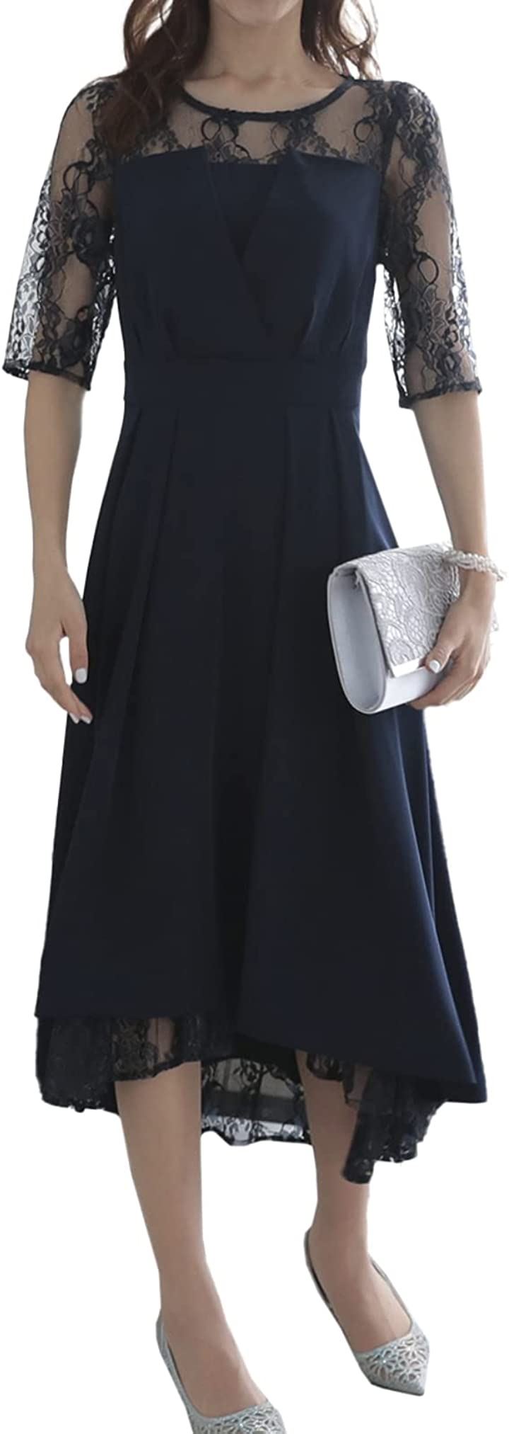 パーティ ワンピース ドレス レディース レース 刺繍 五分袖 ネイビー( ネイビー / 120, L)
