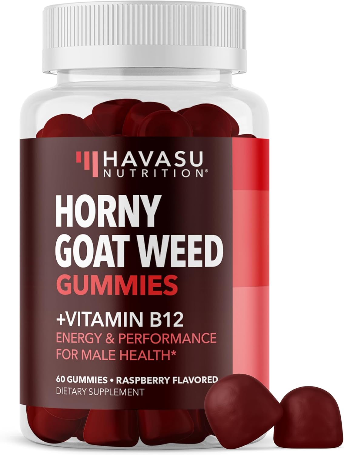 Horny Goat Weed Gummies with Vitamin B12 Male Health - 60 Count Raspberry Flavor