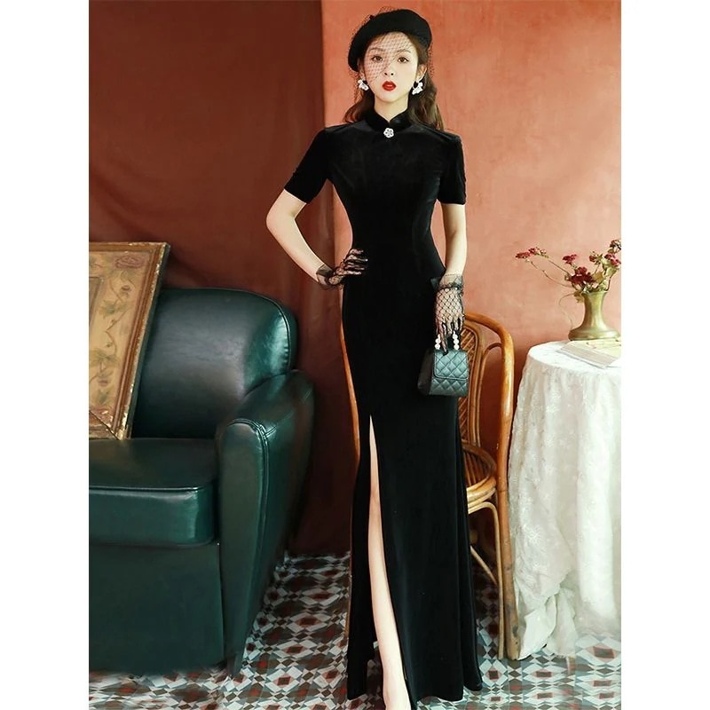 チャイナドレス ブラック ベルベット マーメイド 2024年 改良版 ロングシェイプ イブニングドレス ハイエンドドレス レディース