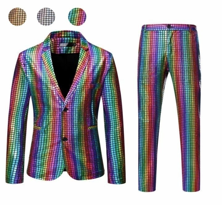 【本日限定】メンズスーツ2点セット チェク柄スーツ 舞台 ダンス衣装 光沢あり キラキラ タキシード カラオケ 歌手 魔術師 DS 忘年会 ステージ衣装 メンズ コート スーツ 演出服 ゴールド シル