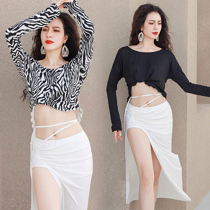 ベリーダンス衣装 セット衣装 無地 レッスン着 可愛い ベリーダンス 衣装セット インナーパンツ付き 紐 ロング丈 スカート スリット入り 長袖 ドルマンスリーブ トップス おしゃれ ベリーダンス 衣